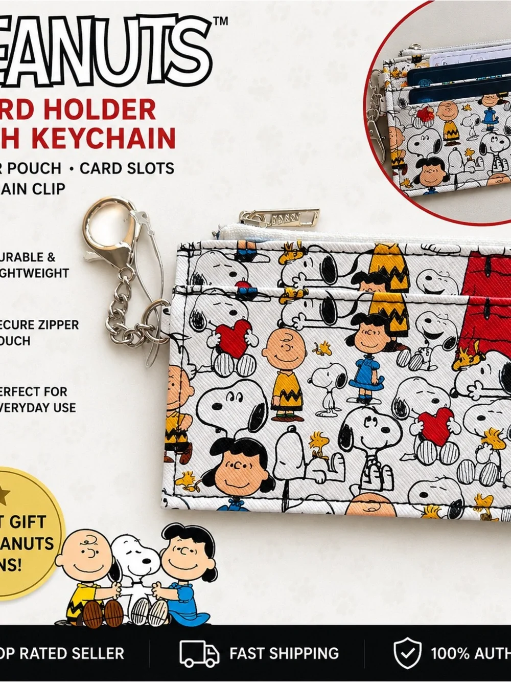 Peanuts Snoopy Card Holder with Keychain - White Multi NWOT